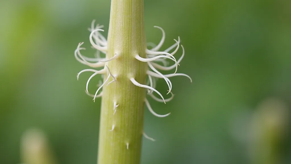 Close-up of Rhaphidophora Tetrasperma 'Jade' aerial roots growing from the stem.