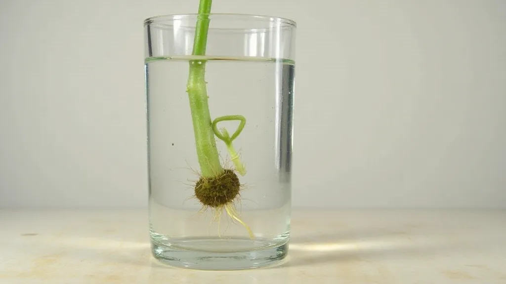 Rhaphidophora Tetrasperma 'Jade' stem cutting in a glass of water with visible roots.