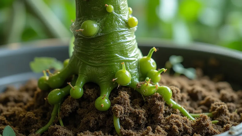 Monstera deliciosa stem with developing roots in air layering