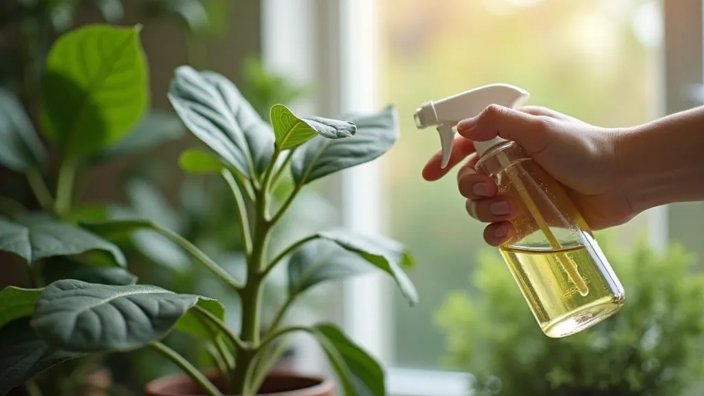 Spraying a houseplant with neem oil