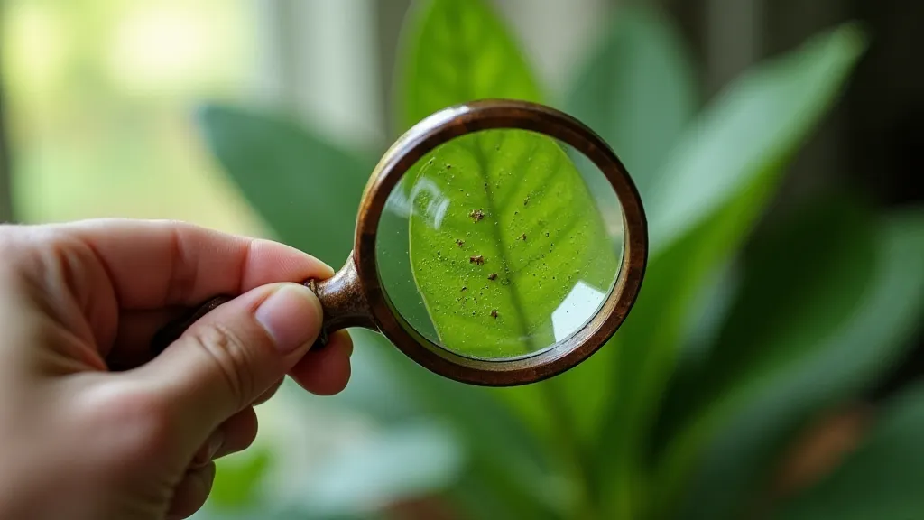 Inspecting a rare houseplant leaf for thrips
