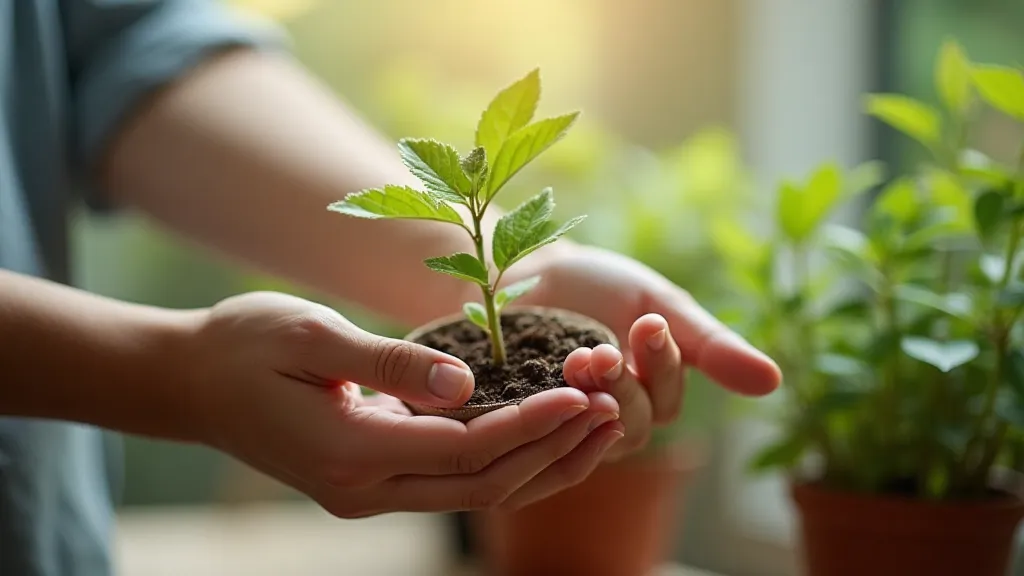A hand carefully transferring a newly propagated rare plant cutting into a small pot filled with soil.