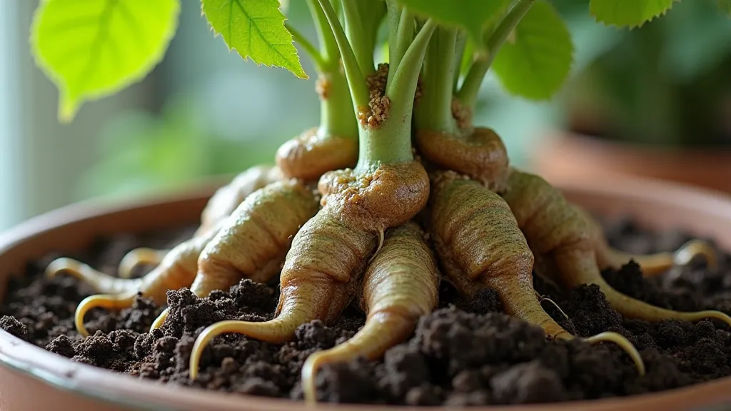 Close-up of a rare houseplant root system showing signs of fertilizer burn – white crusting and blackened roots.